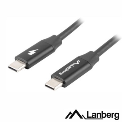 Cabo USB-C preto com símbolos em ambas extremidades sobre fundo branco
