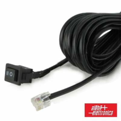 Cabo preto com conector RJ11 e interruptor, enrolado, sobre fundo branco com logótipo alpha elettronica