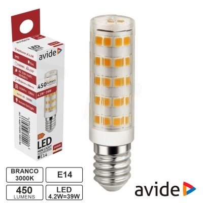 Lâmpada LED mini light E14 branca 3000K da avide com embalagem branca e vermelha