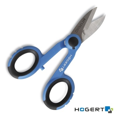 Tesoura azul e preta com lâminas metálicas e logótipo HOGERT