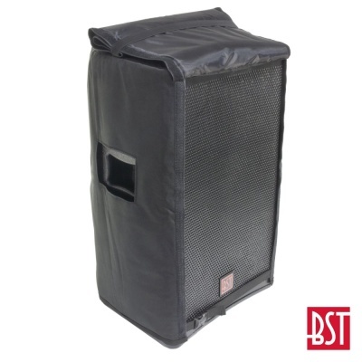 Coluna de som preta da marca BST com capa protetora
