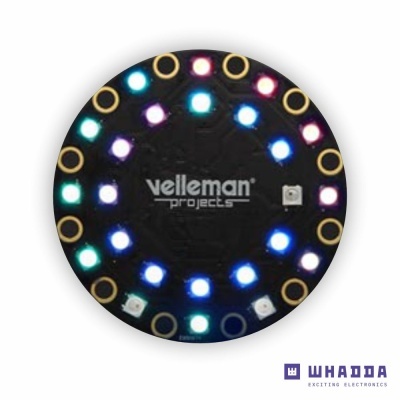 Placa eletrónica circular preta com LEDs coloridos e logótipo 'velleman projects' no centro
