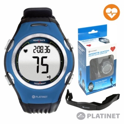 Relógio desportivo azul e preto com monitor de frequência cardíaca e cinta de peito preta, embalagem visível