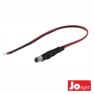 Cabo elétrico vermelho e preto com conector metálico e logótipo Jo light