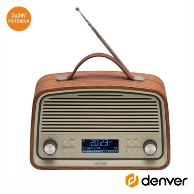 Rádio retro Denver em madeira com painel cinzento e ecrã azul