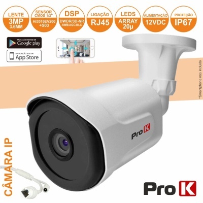 Câmara de segurança IP branca Pro K com lente 3MP e várias características técnicas indicadas.