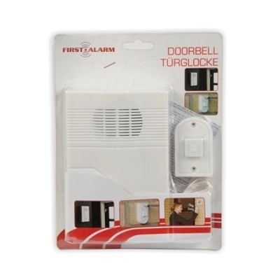 Campainha eletrónica branca em embalagem com texto FIRST ALARM DOORBELL TÜRGLÖCKE