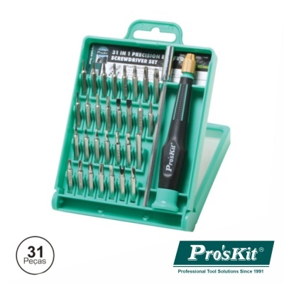 Conjunto de chaves de fendas de precisão Pro'sKit com 31 peças em caixa verde.