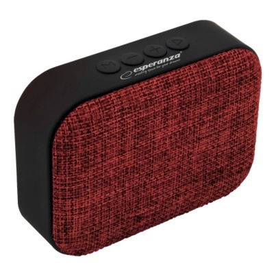 Coluna portátil preta com frente em tecido vermelho e botões táteis no topo