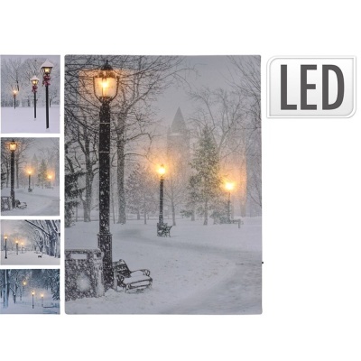 Painéis decorativos com imagem de parque nevado e postes de iluminação LED