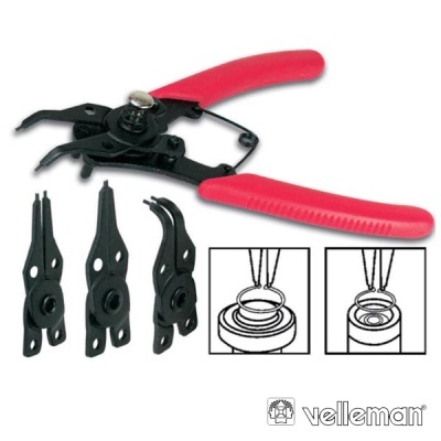 Alicate preto com punhos vermelhos e três pontas intercambiáveis pretas, marca Velleman