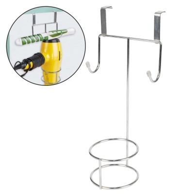 Suporte metálico prateado para pendurar na porta com ganchos e base circular