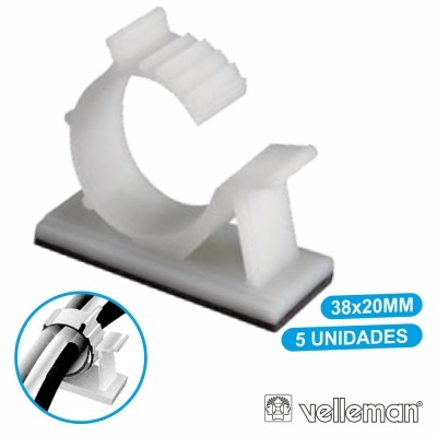 Suporte de plástico branco para cabos com base adesiva e 5 unidades na embalagem