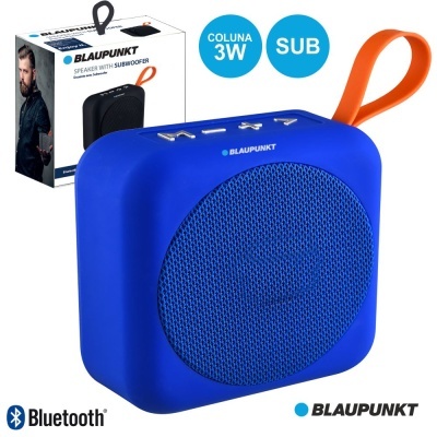 Coluna Bluetooth azul Blaupunkt com altifalante frontal e alça laranja