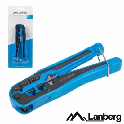 Alicate de cravar azul e preto da marca Lanberg em embalagem plástica