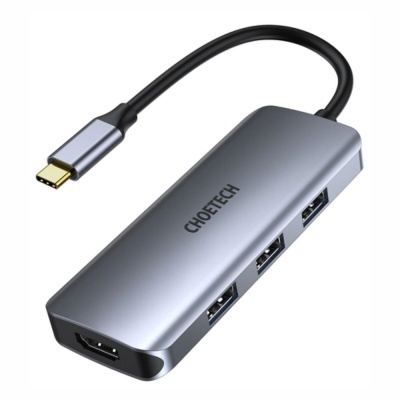Hub USB-C metálico prateado com três portas USB-A e uma entrada HDMI