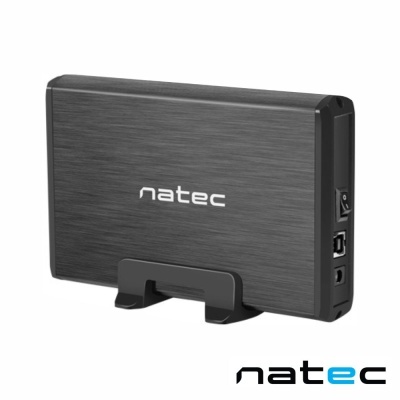 Caixa externa para disco rígido Natec preta com textura metálica escovada e suporte