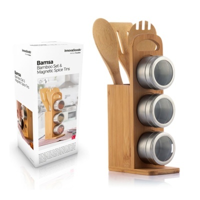 Conjunto utensílios cozinha bambu com frascos magnéticos inox