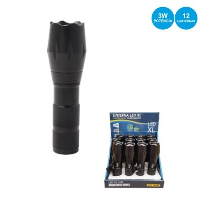 Lanterna LED XL preta com embalagem azul e preta com 12 unidades
