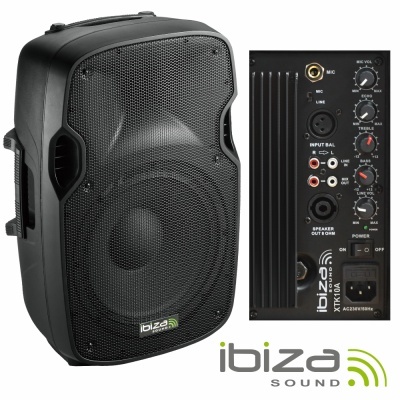 Coluna preta profissional Ibiza Sound KTAQ12A com painel de controlo e logotipo