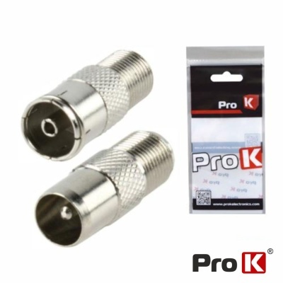 Dois adaptadores coaxiais metálicos prateados e embalagem Pro K preta, branca e vermelha