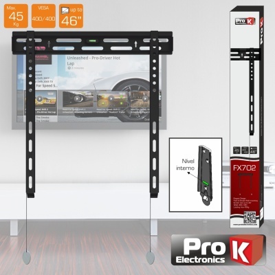 Suporte de parede metálico preto para TV até 46 polegadas com nível interno e embalagem da marca Pro K Electronics