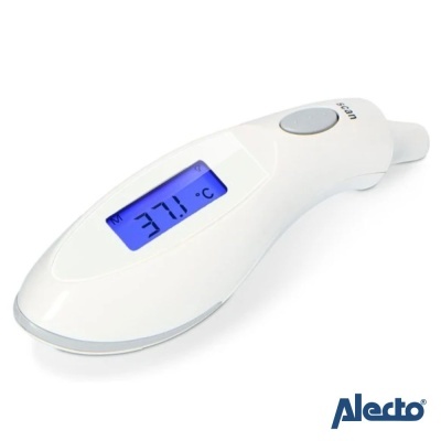 Termómetro digital branco com visor azul da marca Alecto mostrando 37.1 °C
