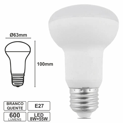 Lâmpada LED branca quente E27 8W 600 lumens