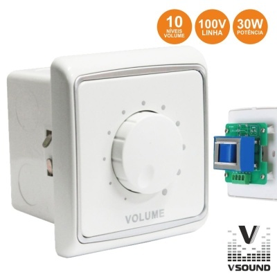Interruptor branco com botão rotativo para volume com placa eletrónica e texto 10 NIVEIS VOLUME, 100V LINHA, 30W POTENCIA