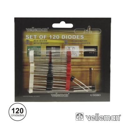 Conjunto de 120 diodos Velleman em embalagem preta com vários diodos visíveis