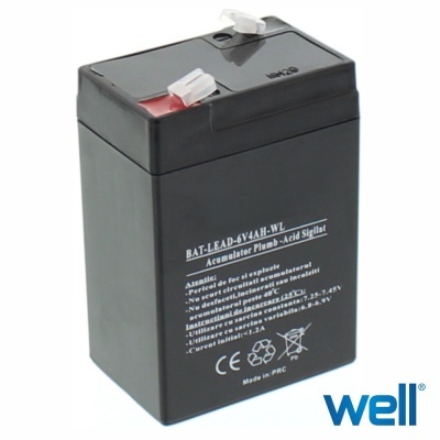 Bateria recarregável de chumbo-ácido preta 6V 4Ah com texto branco e conectores na tampa