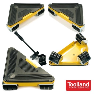 Plataformas triangulares amarelas com rodas pretas e ferramenta preta, etiqueta Toolland