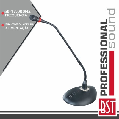 Microfone de mesa preto com base e haste flexível com texto técnico e logótipo BST