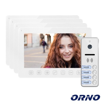 Sistema de vídeo porteiro branco com quatro monitores táteis e unidade exterior prateada com botões azuis