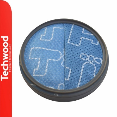 Filtro redondo com tecido azul e padrões brancos e logótipo Techwood