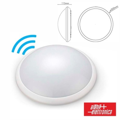 Luz de teto redonda branca com dimensões e logo Alpha Elettronica