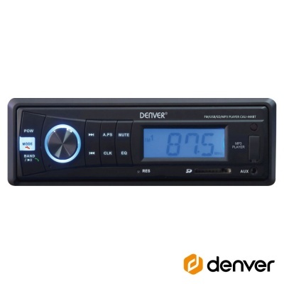 Rádio automóvel preto Denver com mostrador digital azul, botão rotativo e várias teclas