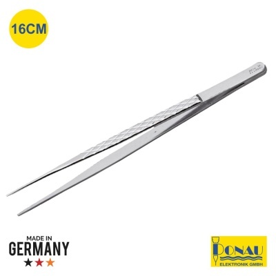 Pinça metálica de 16 cm com superfície texturizada e texto de marcação