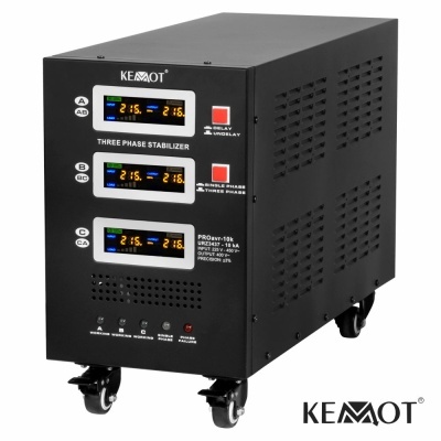 Estabilizador de tensão trifásico preto com ecrãs digitais e rodas