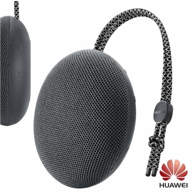 Coluna portátil Huawei cinzenta com acabamento em tecido e cordão preto e branco
