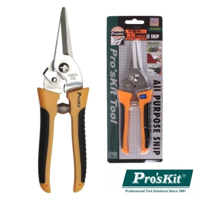 Tesoura multiusos Pro'sKit com lâminas de aço inoxidável e punho laranja e preto em embalagem