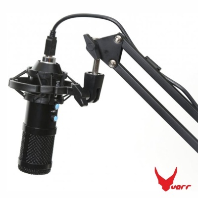 Microfone preto com suporte articulado e cabo USB