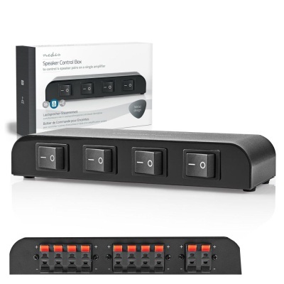 Módulo eletrônico preto Speaker Control Box com quatro botões e embalagem branca