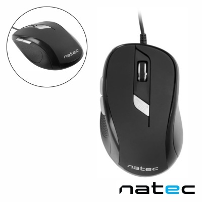 Rato de computador preto com fios marca natec, roda de scroll e textura antiderrapante.