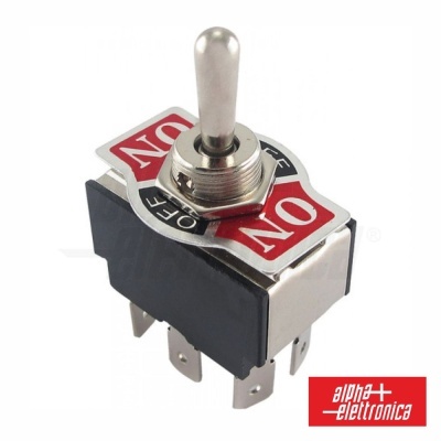 Interruptor basculante metálico com texto ON OFF ON em branco e vermelho