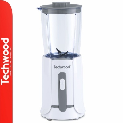 Liquidificador Techwood branco com jarro transparente e tampa cinzenta