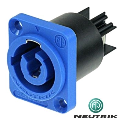 Conector de painel Neutrik azul e preto com pinos e inscrições visíveis.