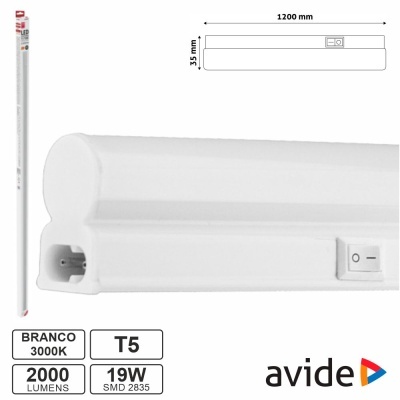 Lâmpada fluorescente T5 branca com interruptor, 1200 mm, 35 mm, 3000K, 2000 lumens, 19W, marca avide