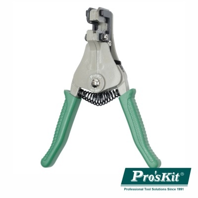 Alicate PrósKit com cabo verde e corpo metálico cinzento, com mola preta