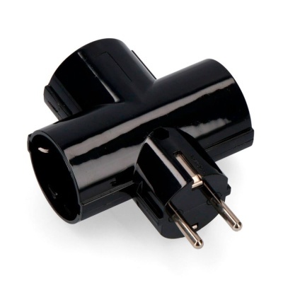 Adaptador elétrico preto em forma de cruz com plugue europeu de dois pinos